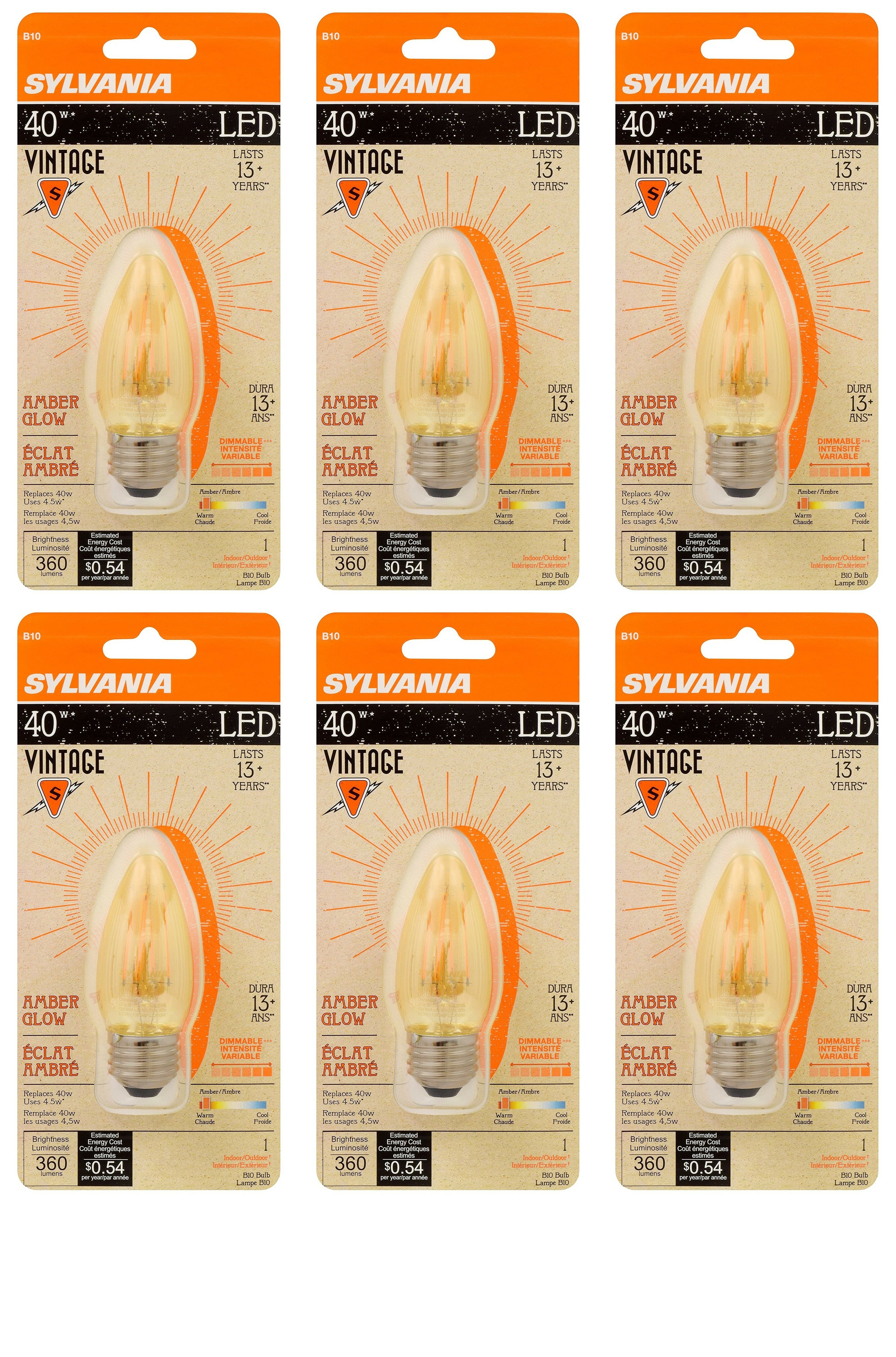 (6 bulbs) SYLVANIA 79721 Vintage LED Chandelier Light Bulb, Efficient 4 Watts, B10 Medium Base, Amber Glass Edison Style, Warm White 2175K, Dimmable