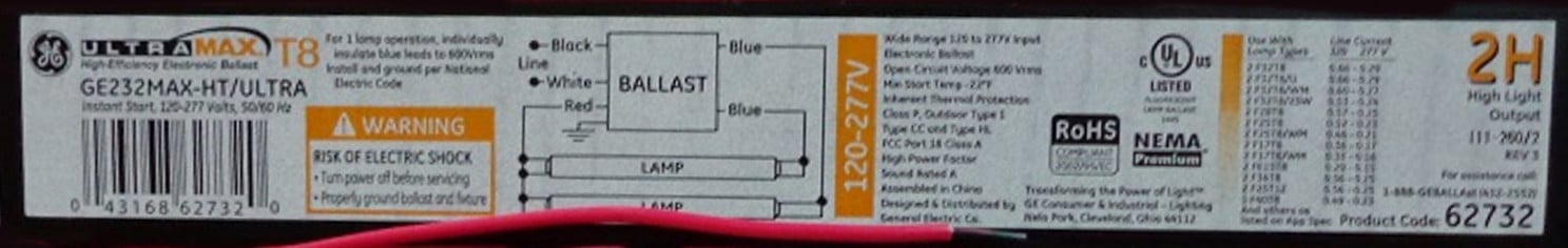 GE 62732 UltraMax Electronic High Efficiency Multivolt Instant Start Ballast, GE232MAX-HT/ULTRA, 2 lamp, 120/277 volt