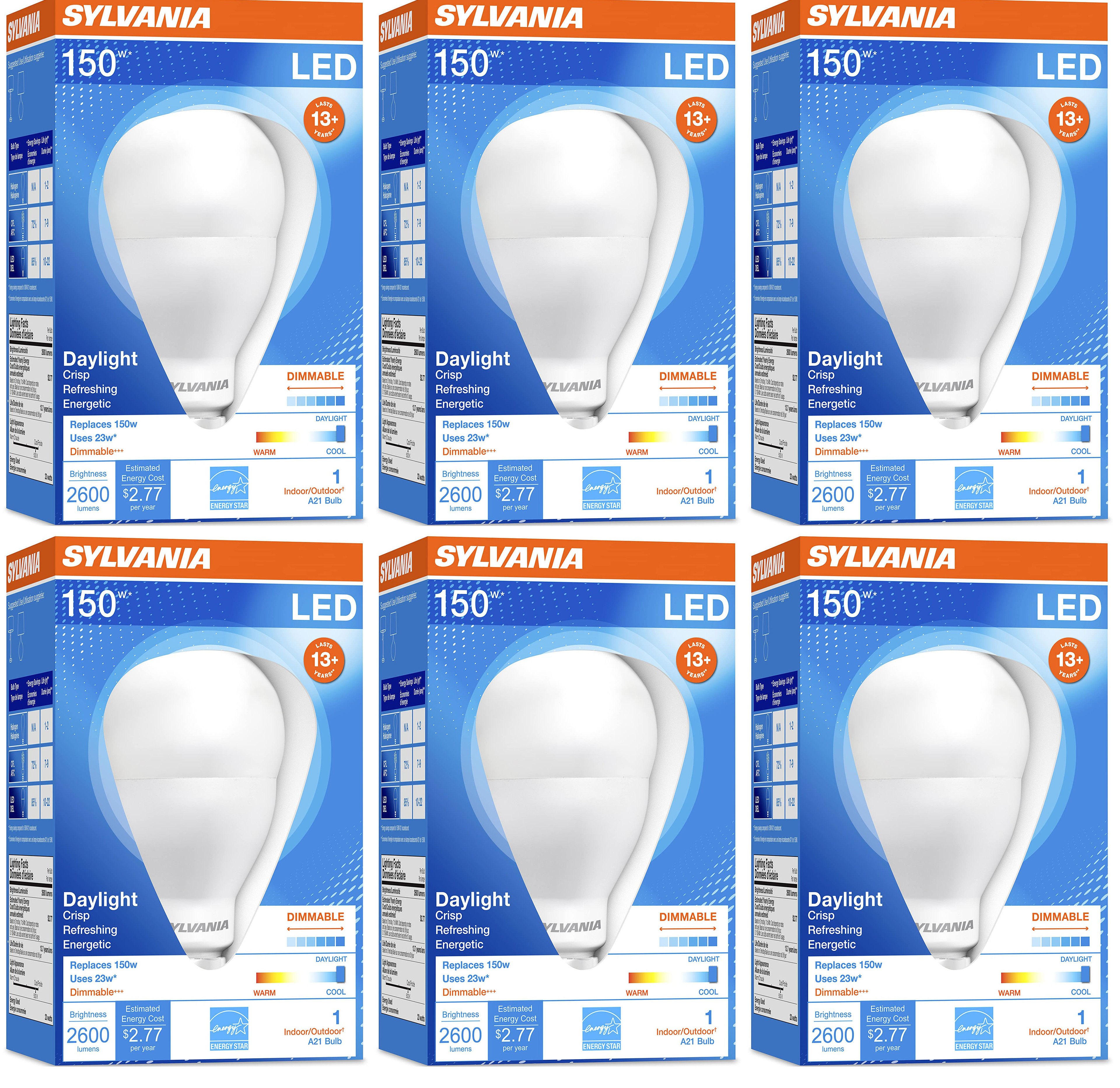 (case of 6) SYLVANIA A21 LED Light Bulb, 23W, 150W Equivalent, Dimmable, 2600 Lumens, Frosted, 5000K, Daylight (79735)