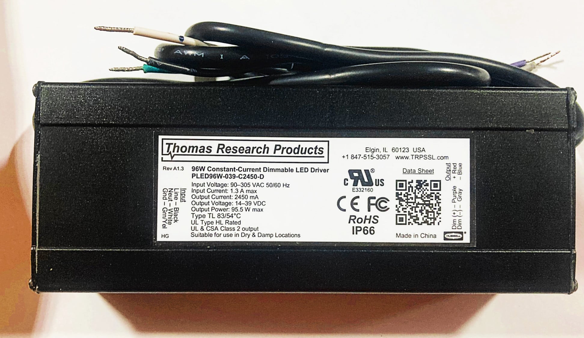 Hubbell Thomas Research Products PLED96W-039-C2450-D LED Driver, constant current 96 watt, Aluminum housing, HL Rated, Dry and Damp Rated
