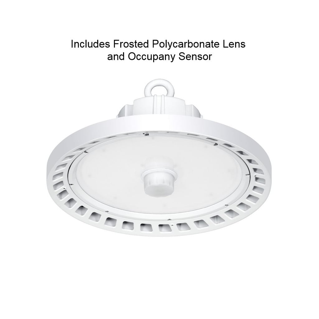 Hubbell Industrial Lighting Round UFO LED High Bay CRN-40LX-EDU-FP-OCS, 100 watt, 14000 lumen, 4000K, 120-277V, 6’ Power Cord, Frosted Polycarbonate lens, Microwave Occupancy Sensor, Dimming