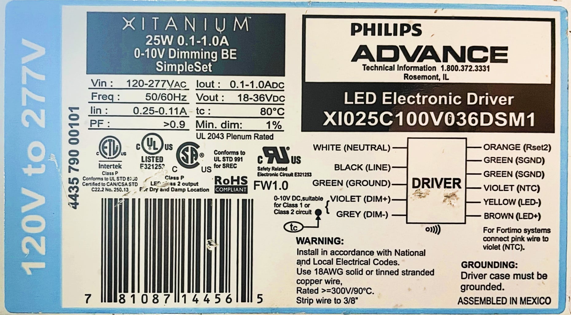 Philips Advance Xitanium XI025C100V036DSM1 LED Electronic Driver, 25 watt, 0-10v Dimming, SimpleSet Programmable, Bottom Entry
