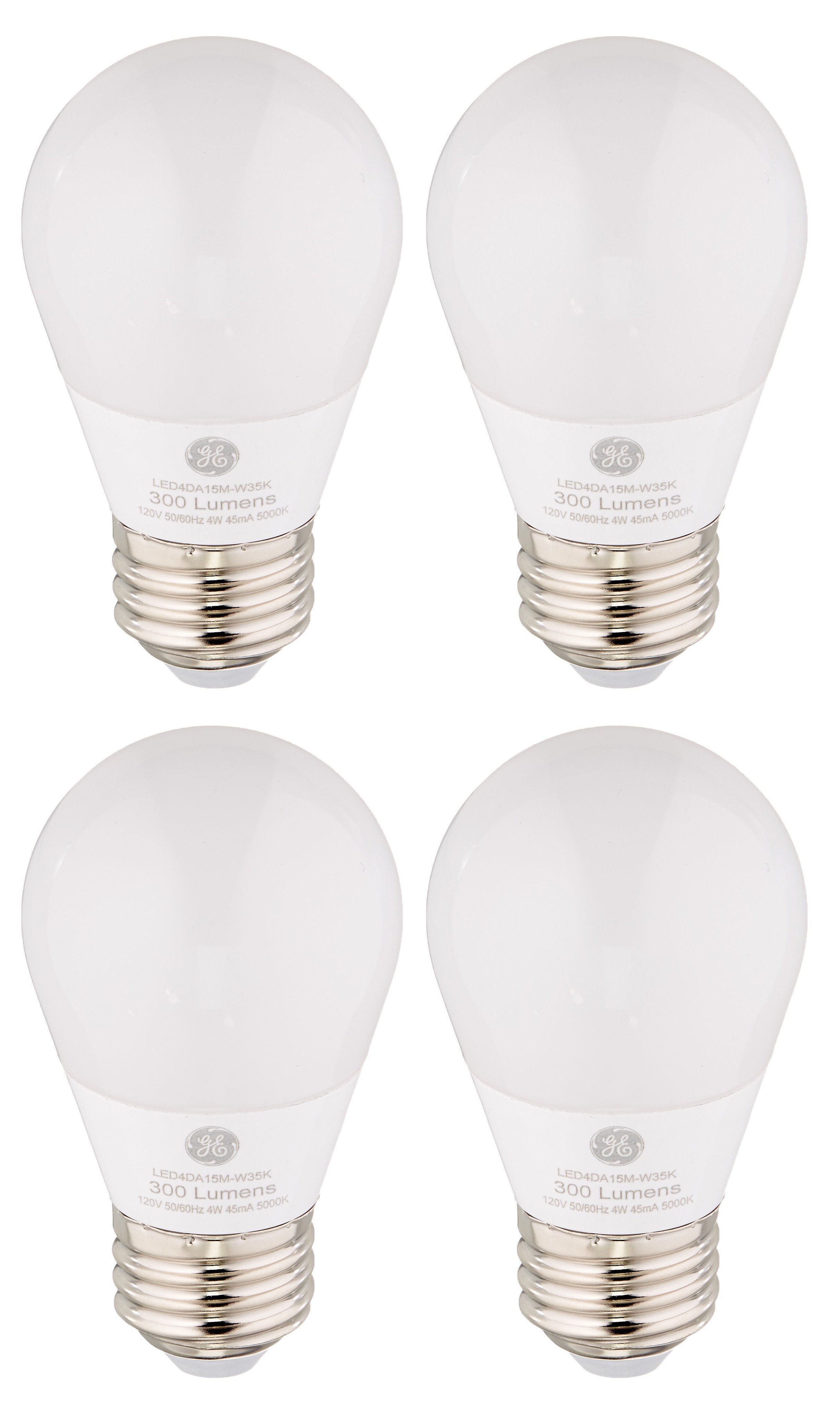 (4 bulbs) GE 32275 LED Daylight A15, 40 watt equivalent, 300 lumens, 5000K Daylight A15 Ceiling Fan/Appliance frosted finish medium base Dimmable LED Light Bulb
