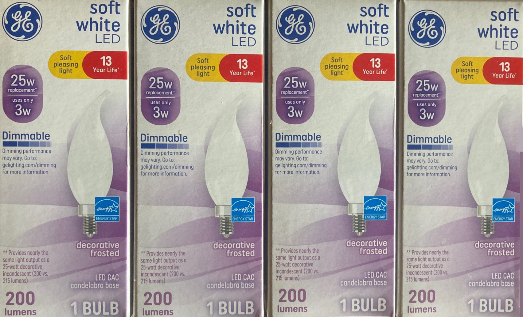 (4 bulbs) GE Decorative LED Chandelier Bulb-Watt (25 Watt Replacement),200 Lumens, Frosted, Soft White, Candelabra Base, Bent Tip LED Light Bulb (1 Bulb)