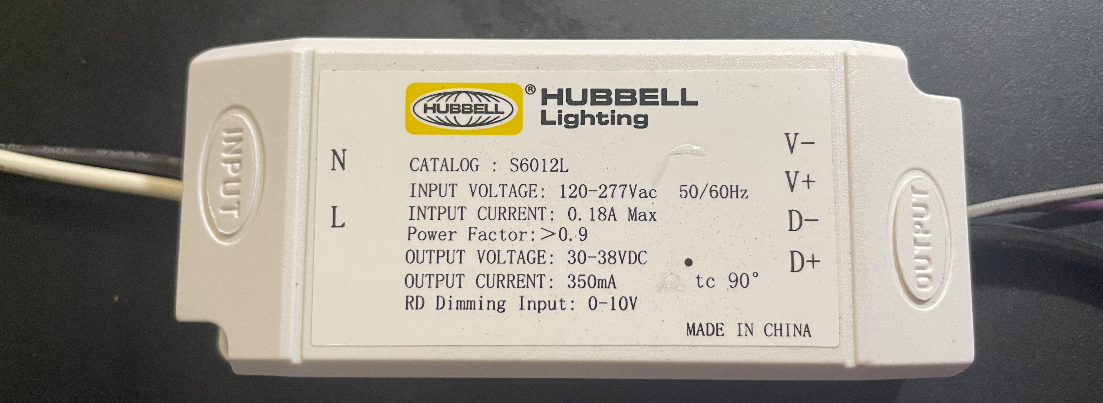 Hubbell Lighting LED Driver S6012L, 120-277 Vac, Dimmable 0-10v