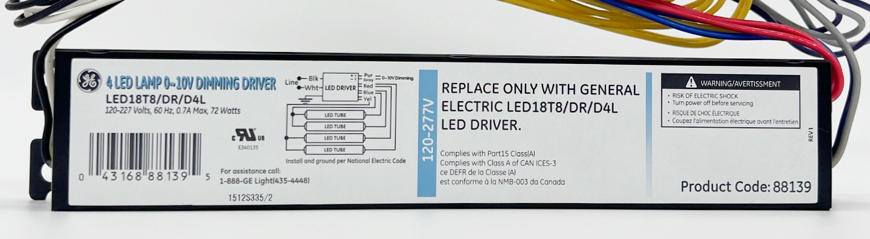 GE 88139 Constant Current T8 LED tube 4-lamp LED Driver,  72 watt 120/277 volt Electronic Dimmable LED Driver (LED18T8/DR/D4L)