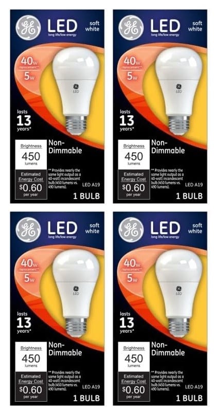 (4 bulbs) GE Lighting 61956 LED A19 Light Bulb, Soft White, 450 Lumens, 5-Watt, non-dimmable
