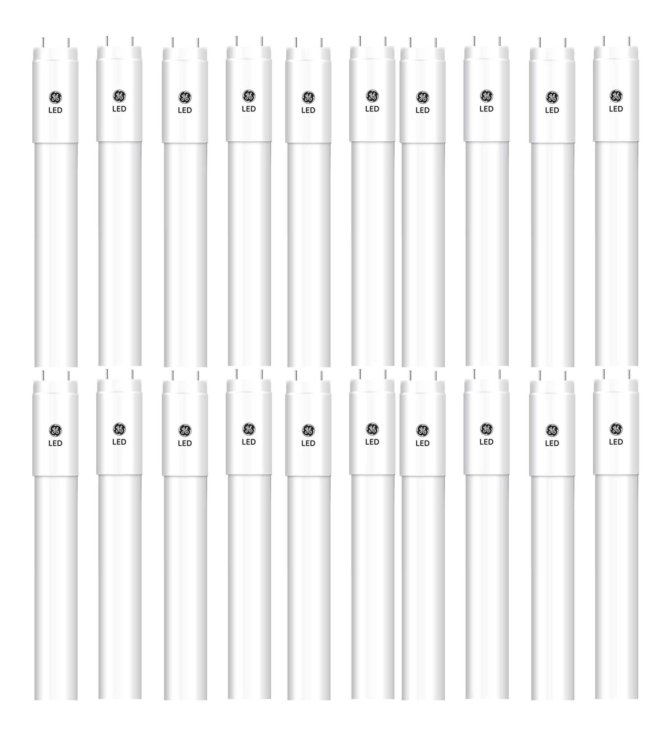 (case of 20) GE 93099520 LED Tube Plug and Play Easy Replacement for 48 inch T8 Fluorescent, 18 watts, glass tube, 4ft, 4000K Daylight, requires compatible LFL ballast
