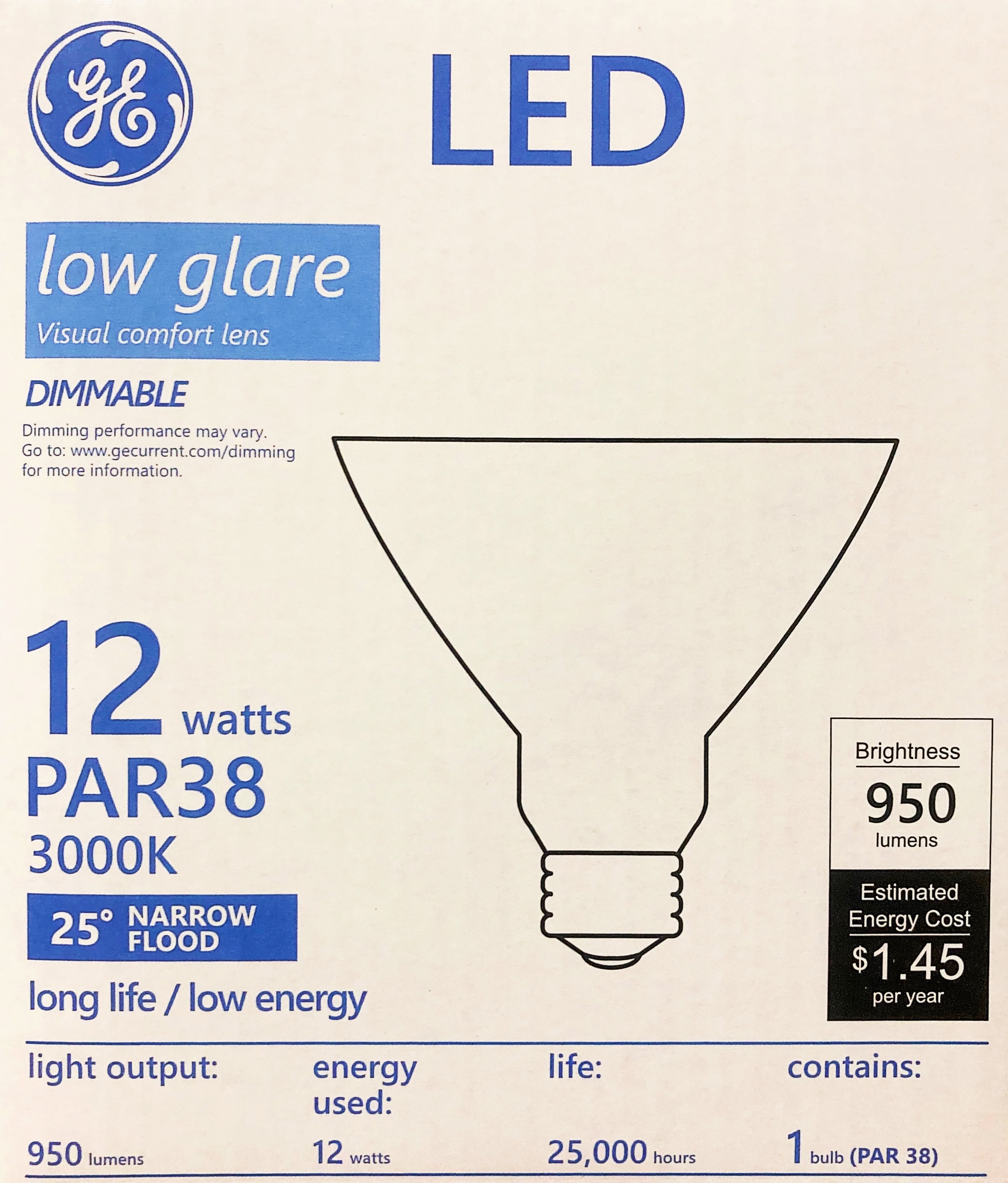 GE 50030 LED  PAR38, low glare, 12 watt, 950 lumens, 3000K, Narrow Flood LED Light Bulb