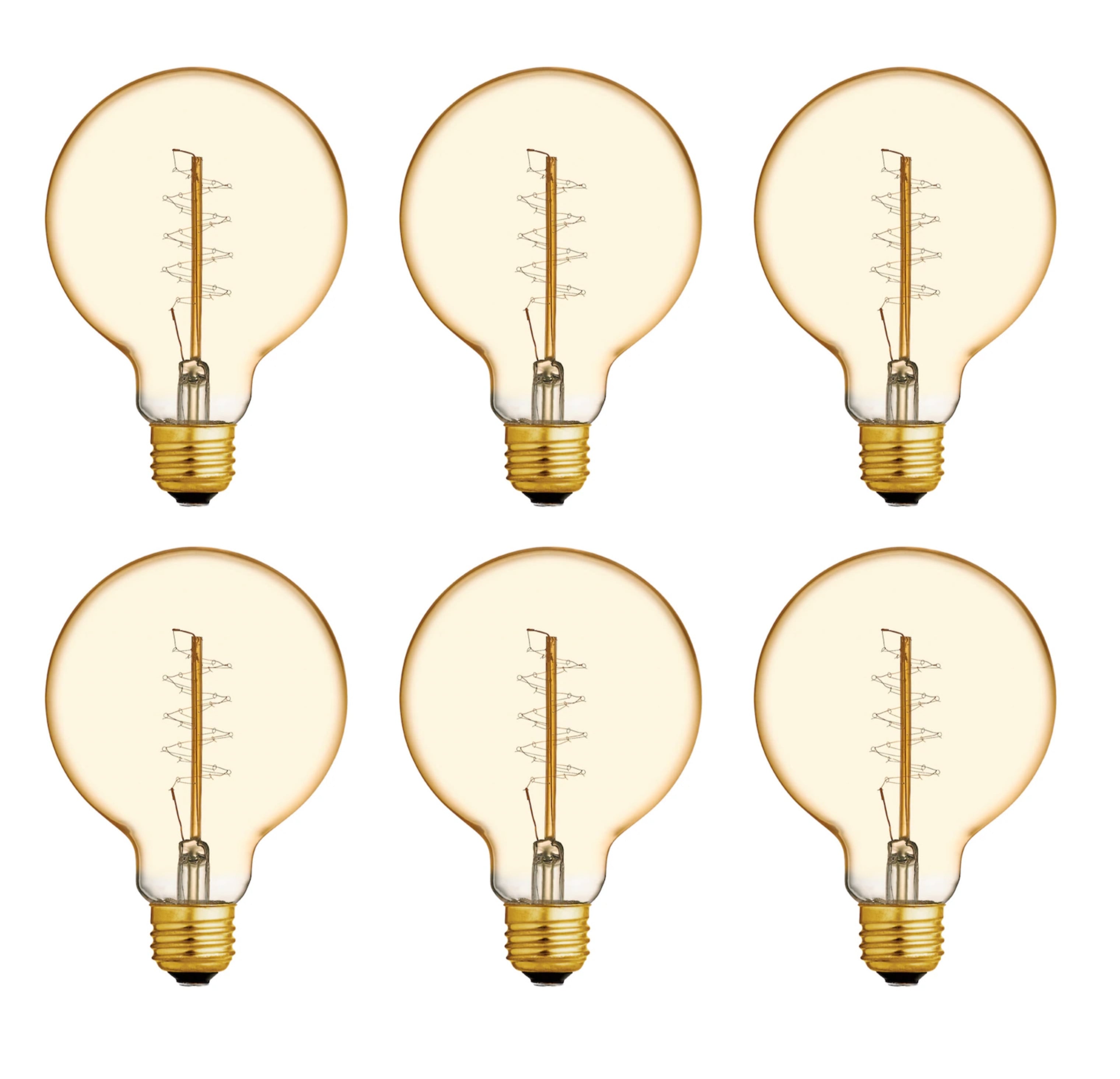 (case of 6 bulbs) GE 46176 Vintage G30, Amber Glass, 60 watt,  spiral filament, dimmable amber candlelight glow, lightbulb