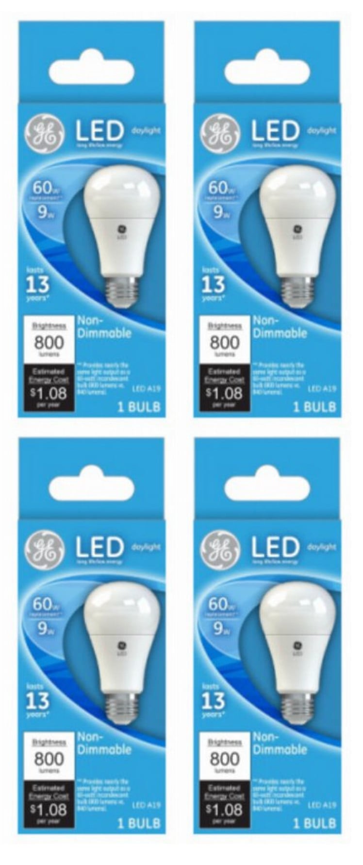 (case of 4) GE Lighting 61966 LED A19 Bulb, 9 watts, 800 lumens, 5000K Daylight, LED Light Bulb  