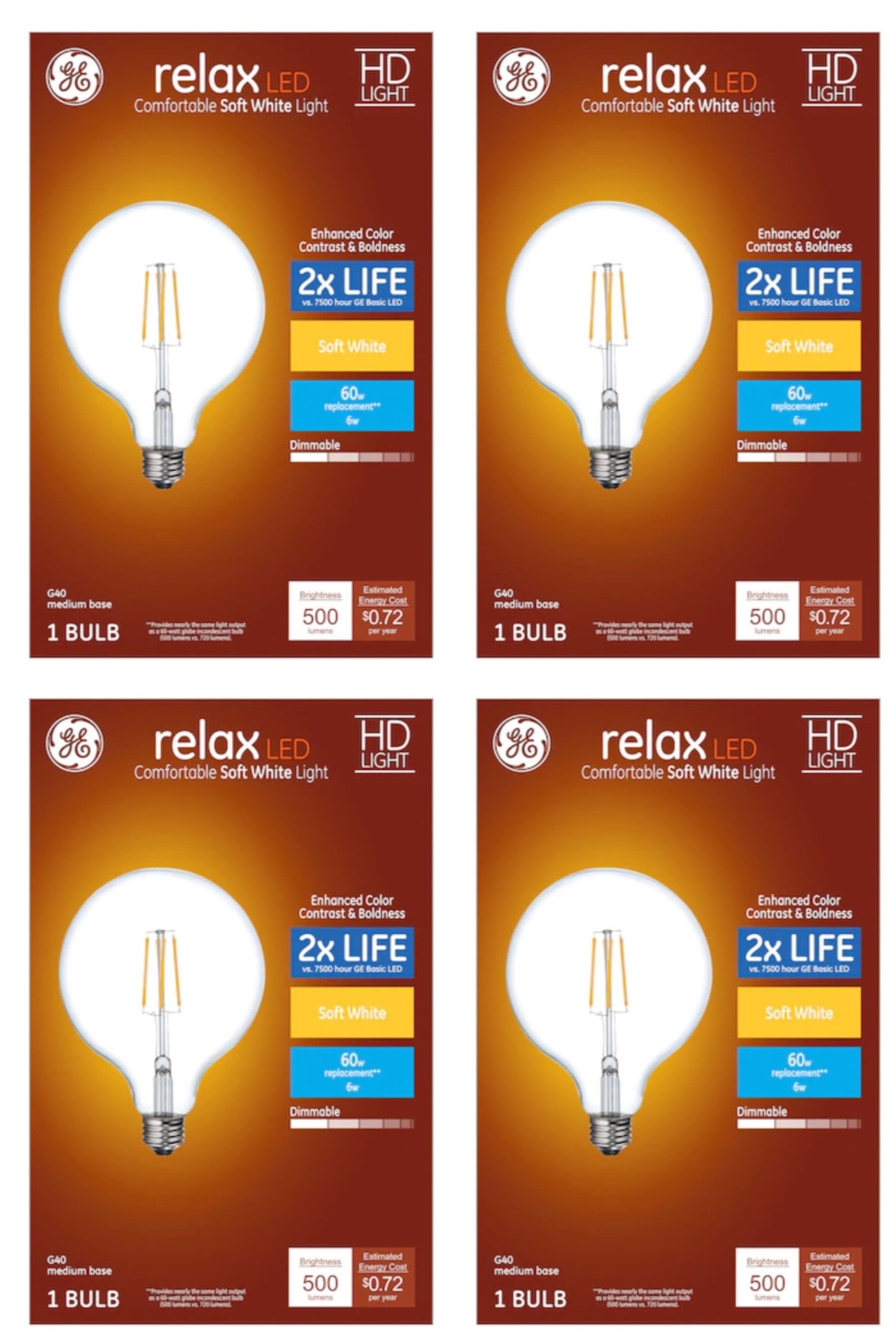 (4 bulbs) GE 41857 relax LED G40 Globe HD Light, 60 watt replacement using only 6 watts, 500 lumens, soft white, dimmable LED Light Bulb
