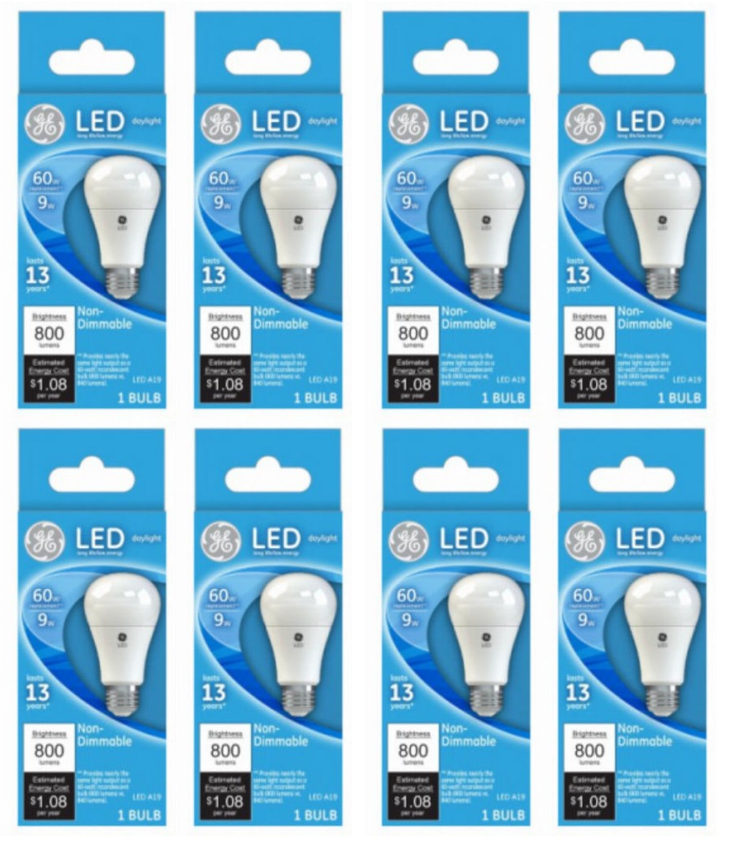 (case of 8) GE Lighting 61966 LED A19 Bulb, 9 watts, 800 lumens, 5000K Daylight, LED Light Bulb  