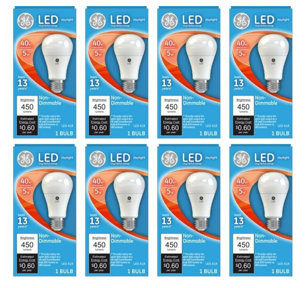 (case of 8 bulbs) GE Lighting 61961 LED A19, 40 watt equivalent using only 5 watts, Daylight, Medium Base, Frosted LED Light Bulb, 450 lumens