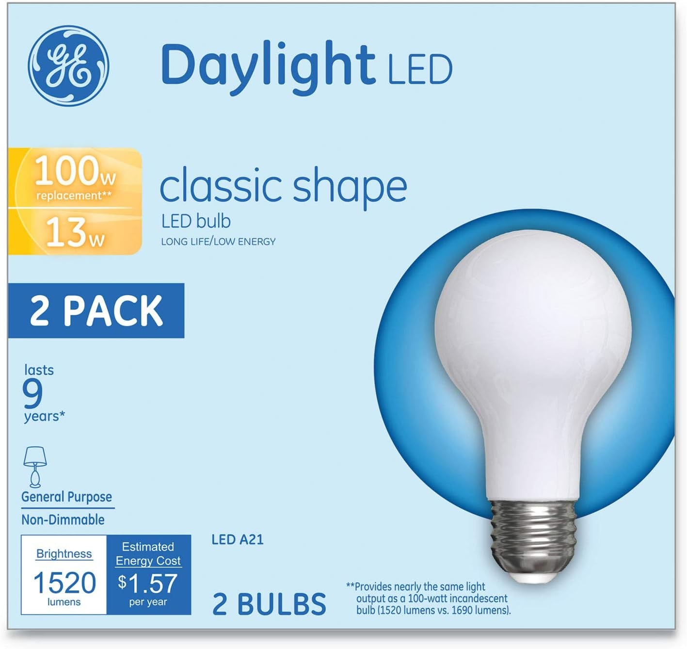 (2 bulbs) GE 31186 LED A2, 5000K Daylight, 13 watts, 100 watt equivalent, non-dimmable