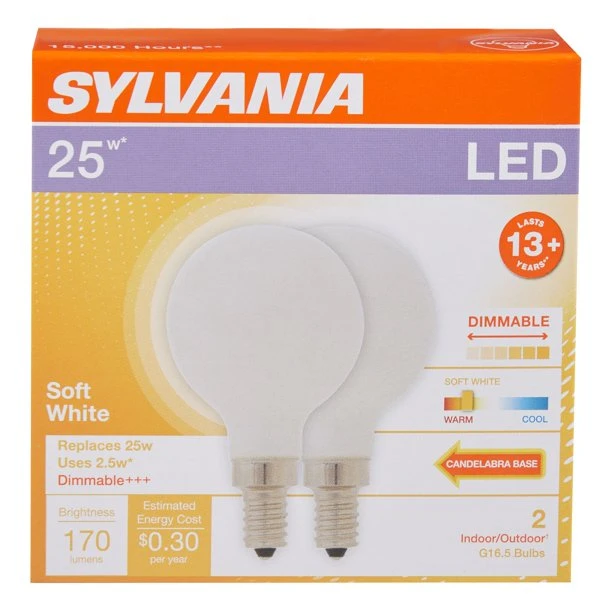Sylvania 40359 LED Globe G16.5, 25 watt equivalent, Dimmable, Indoor Outdoor, Soft White, Candelabra base, LED Light Bulbs