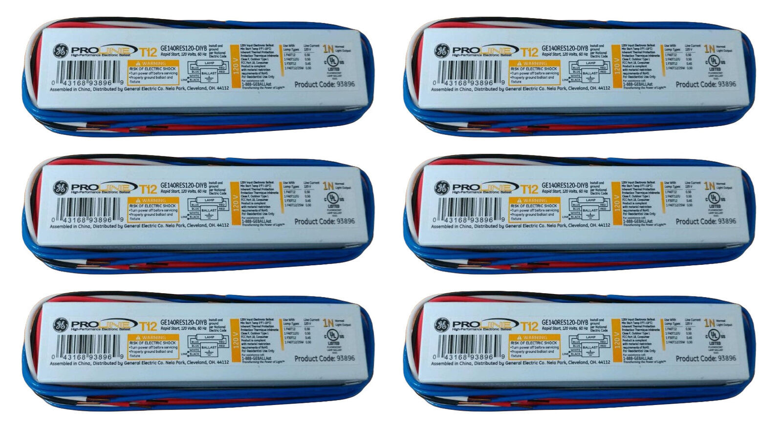 (case of 6) Ge 93896 ProLine T12 1-bulb Residential/Commercial Fluorescent Light, Electronic Rapid Start Ballast, one lamp T12