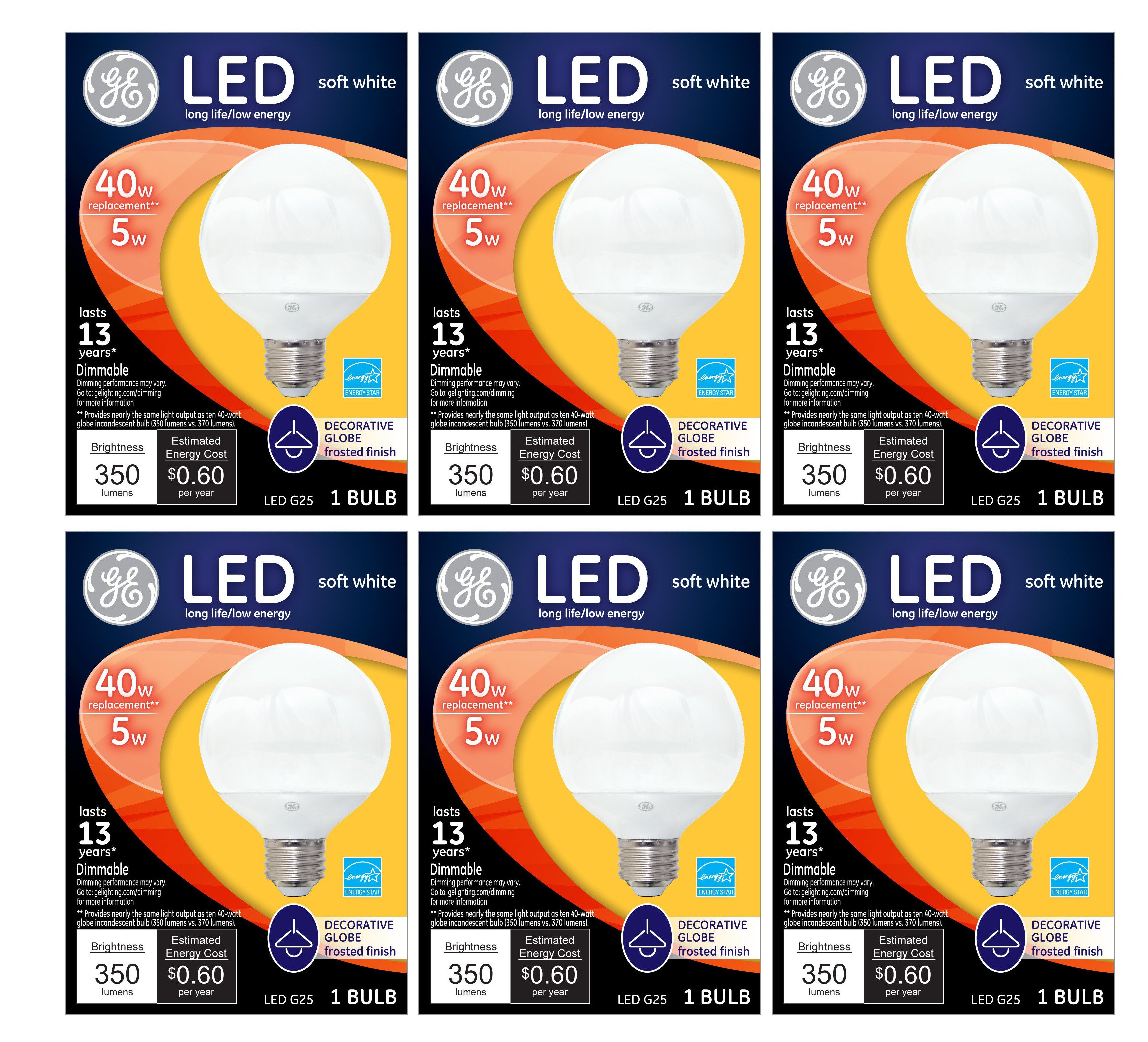 (case of 6 bulbs) GE Lighting 37906 LED G25 Decorative Bulb with Medium Base, 5-Watt, Soft White, Dimmable, 350 lumens 