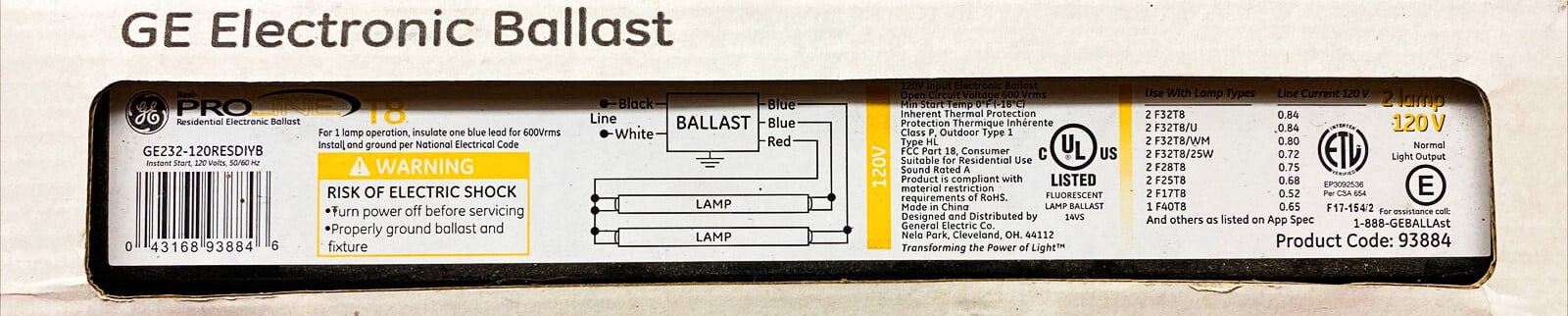 GE 93884 Proline Electronic Ballast GE232-120RESDIYB for T8 fluorescent lamp, 2 lamp ballast, 120V, 2 lights