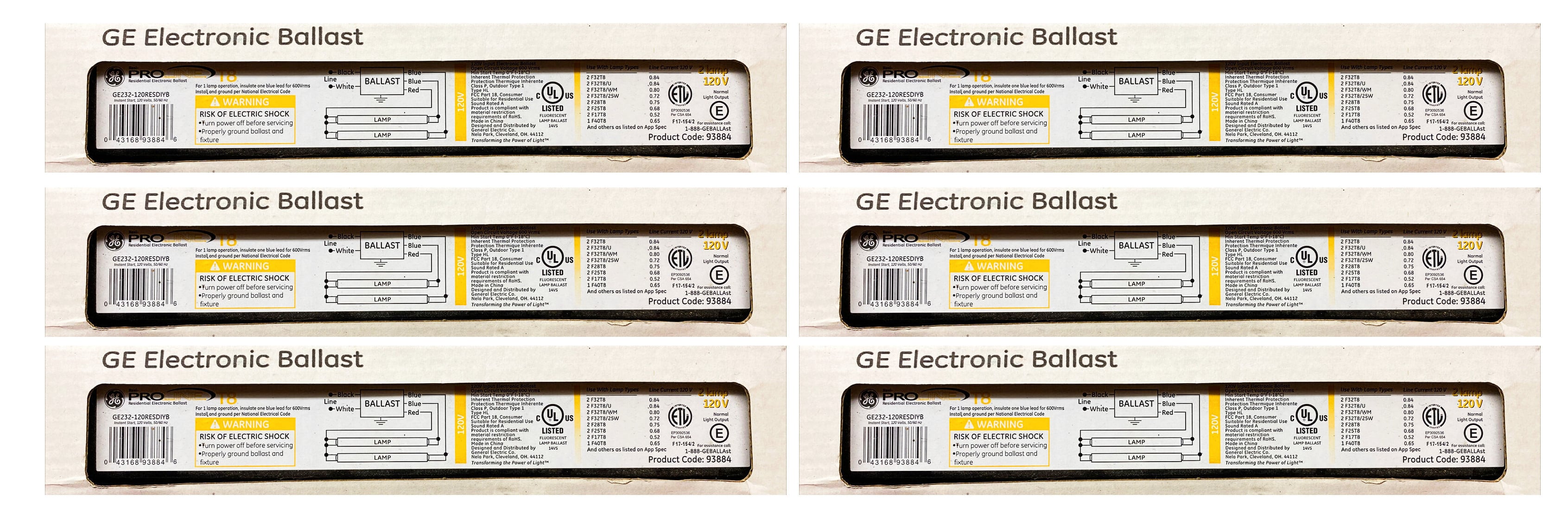 (case of 6) GE 93884 Proline Electronic Ballast GE232-120RESDIYB for T8 fluorescent lamp, 2 lamp ballast, 120V, 2 lights