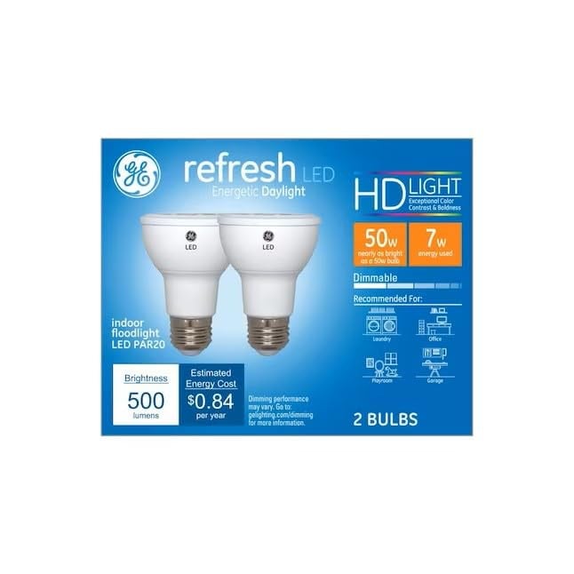 (2 bulbs) GE Lighting  45533 LED Par20 Indoor Floodlight, 7 watt, Daylight, 500 Lumens,Dimmable LED Light Bulb