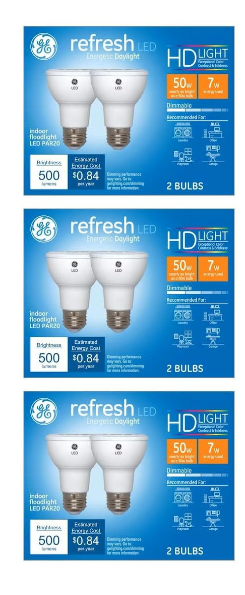 (6 bulbs) GE Lighting  45533 LED Par20 Indoor Floodlight, 7 watt, Daylight, 500 Lumens, Dimmable LED Light Bulb