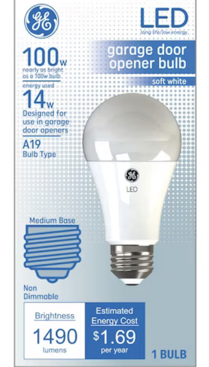 GE Lighting 93116245 LED A19 Garage Door Opener Bulb, Frosted Soft White, 1490 Lumens, 14-Watts, rough service, heavy duty to withstand vibration