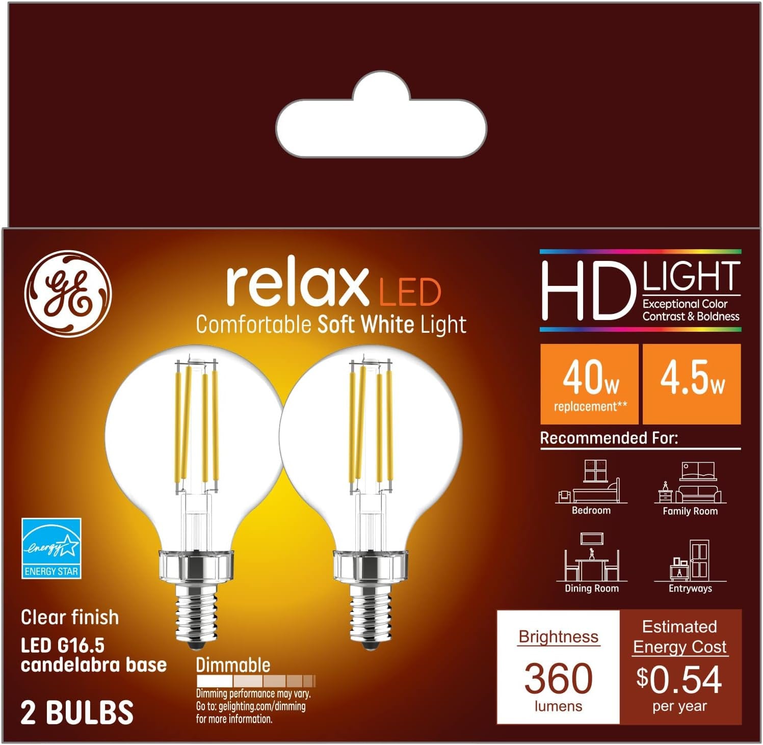 GE 42290 relax LED Soft White, Dimmable G16.5 Globe Light Bulb, 40 watt replacement using only 4.5 watts, 360 lumens, candelabra base (2-Pack)