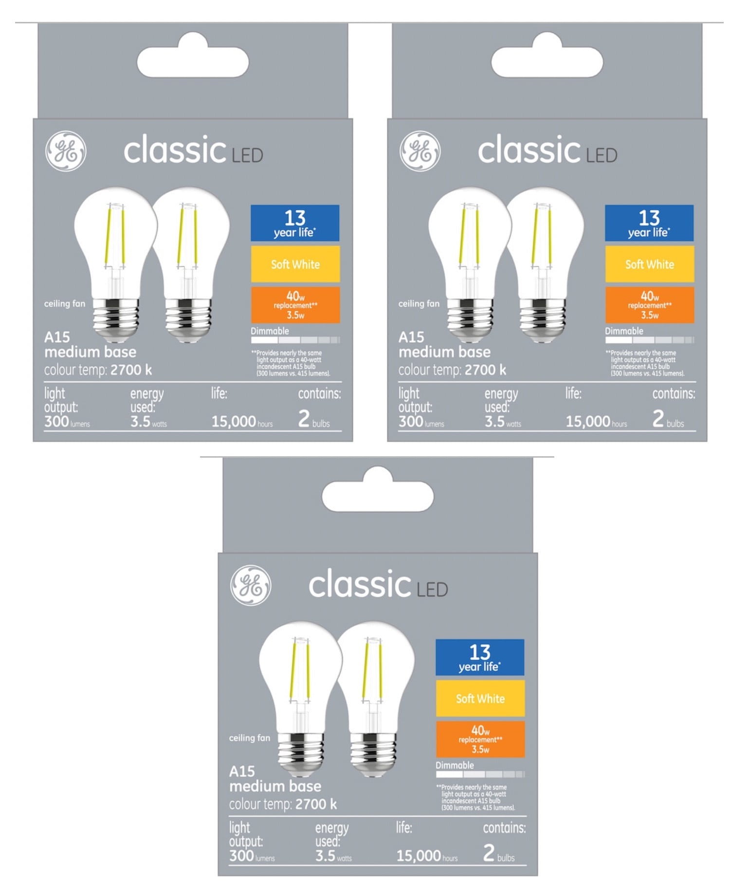 (6 bulbs) GE classic LED A15, 3.5 watt, 300 lumen 40 watt replacement, Dimmable, medium base, soft white 2700K Ceiling Fan Light bulb