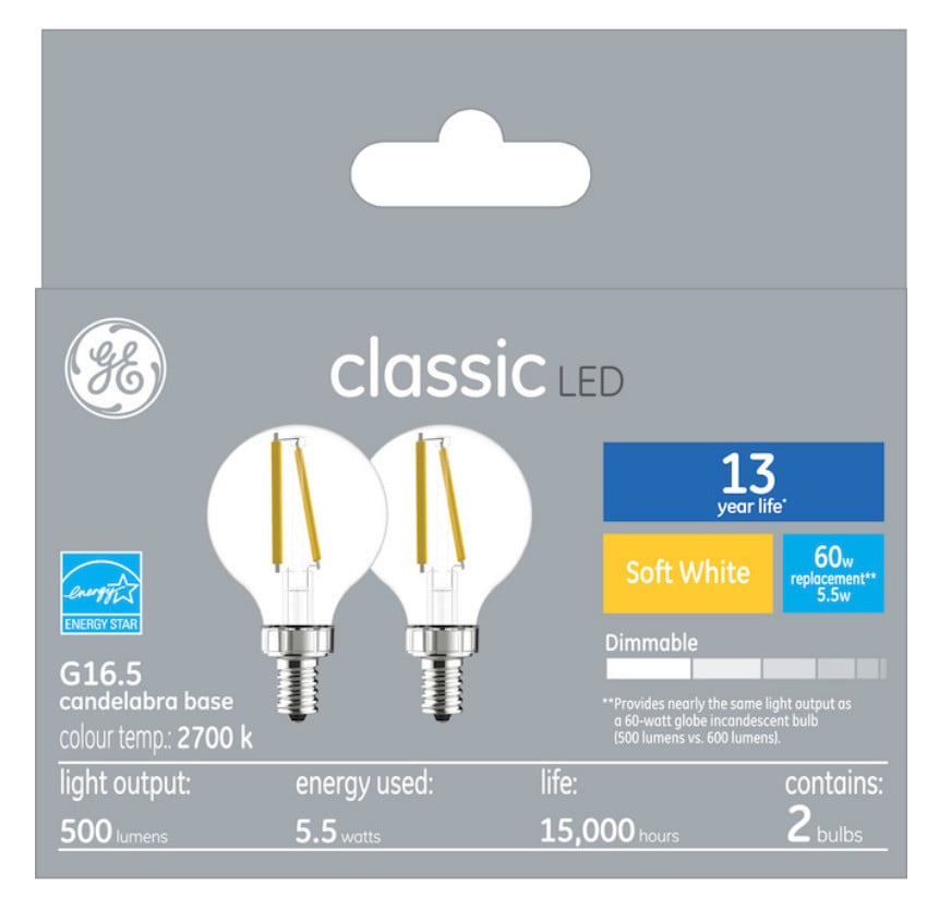 (2 bulbs) GE LED Decorative Globe, G16.5, 60 watt equivalent using only 5.5 watts, 500 lumens, 2700K Golden Soft White, Dimmable, Candelabra base, 13 year life