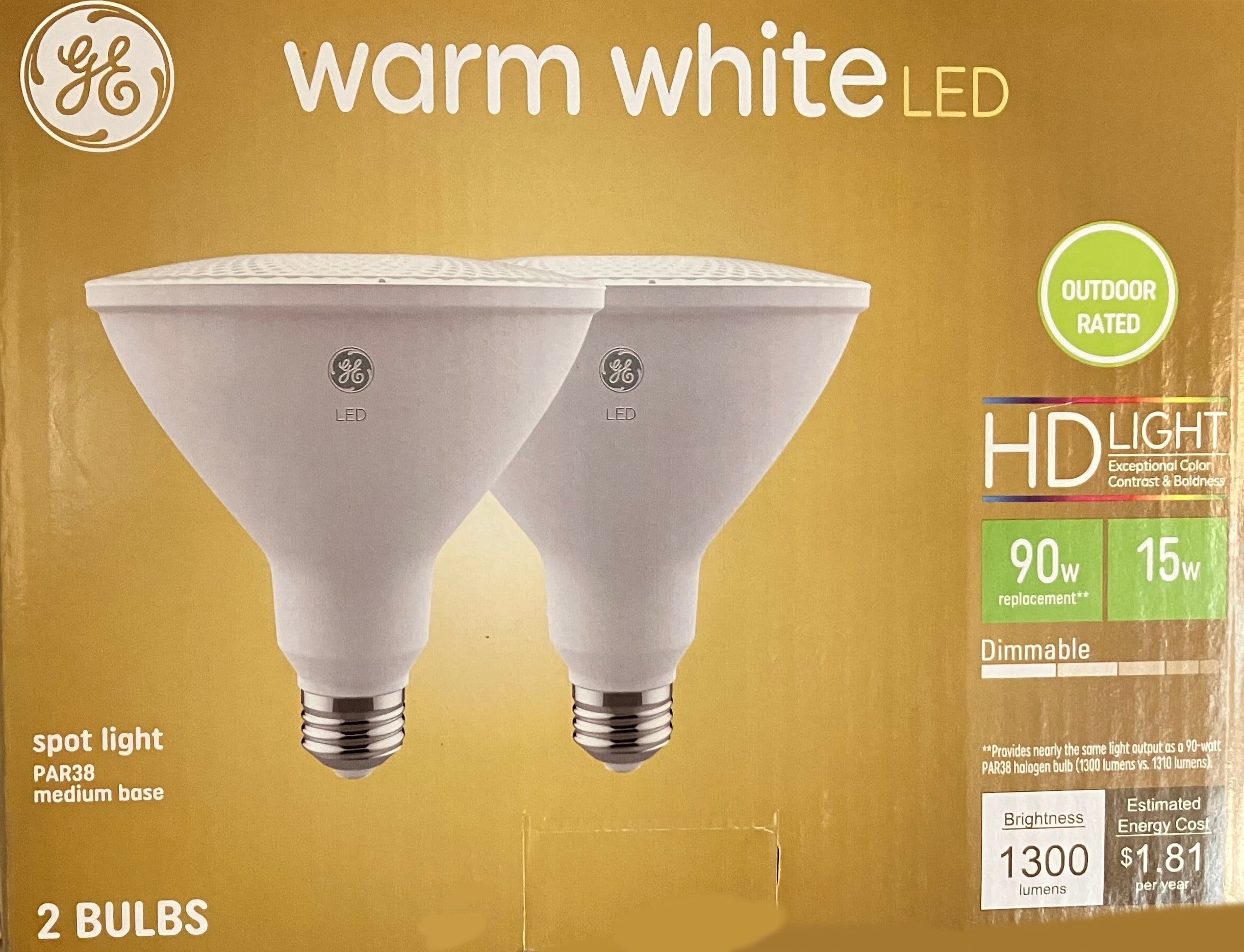 (2 bulbs) GE 48481 warm white LED PAR38 Outdoor / Indoor Spot Light, 15 watt, 1300 lumen, HD Light, medium base, 3000K Warm White