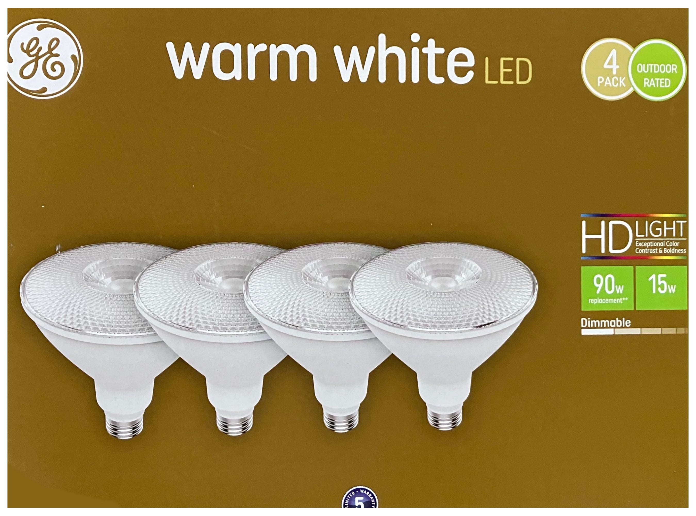 (pack of 4) GE warm white LED PAR38 Flood Light, Indoor Outdoor, 15 watt, 1200 lumen, Dimmable, HD Light for exceptional color contrast and brightness