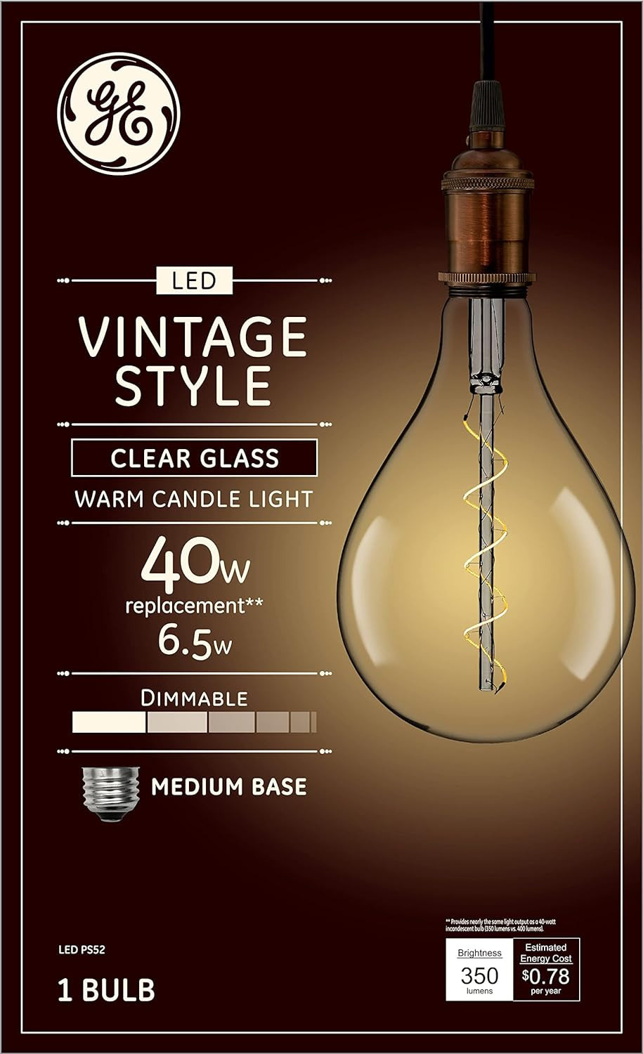 GE Large Vintage Warm Candle Light LED PS52, 6.5 watt, 350 lumen, Clear Glass, Dimmable, LED PS52 Light Bulb, Spiral filament, Medium Base, Beautiful Pendant, centerpiece light