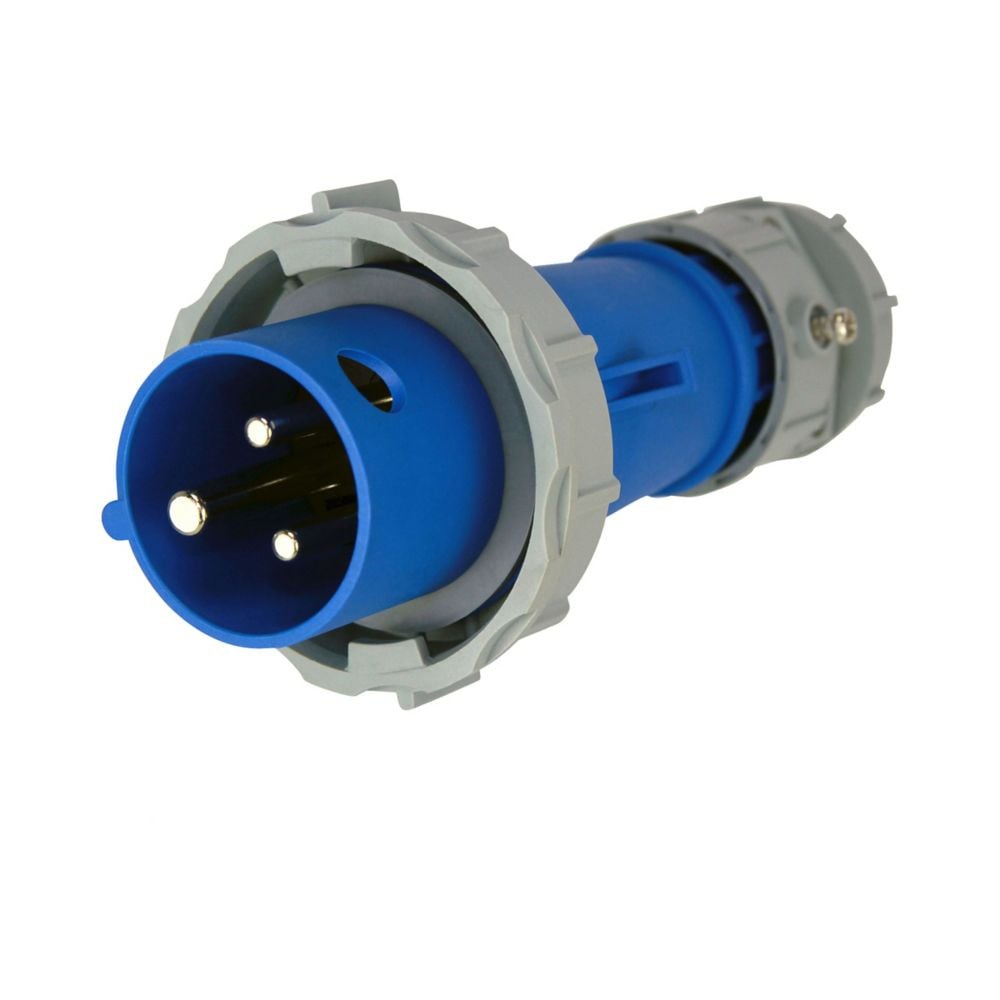 EATON Arrow Hart AH320P6W Pin and Sleeve Plug, 20A 250V, Extra Heavy-Duty, #12, #10 AWG, back wire, blue, nickely plated brass, grounding, 3 wire, two pole, male