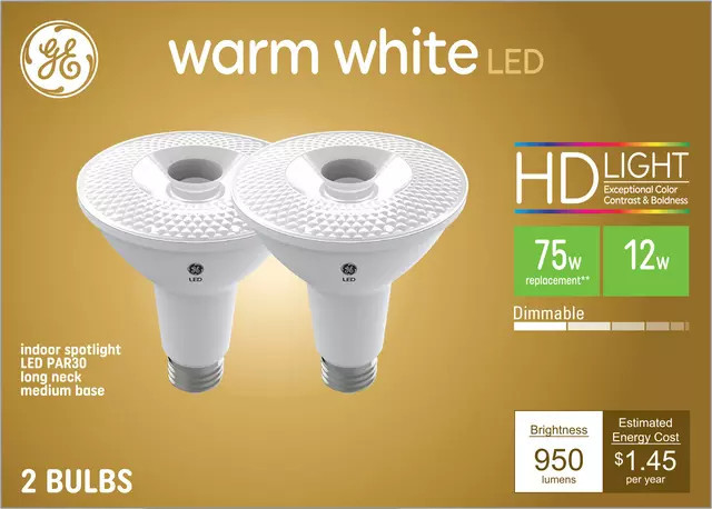 (2 bulbs) GE LED PAR30 long neck, Indoor Spotlight, warm white HD, 75 watt equivalent, Dimmable, 950 lumens, uses only 12 watts, LED Spotlight Light Bulb