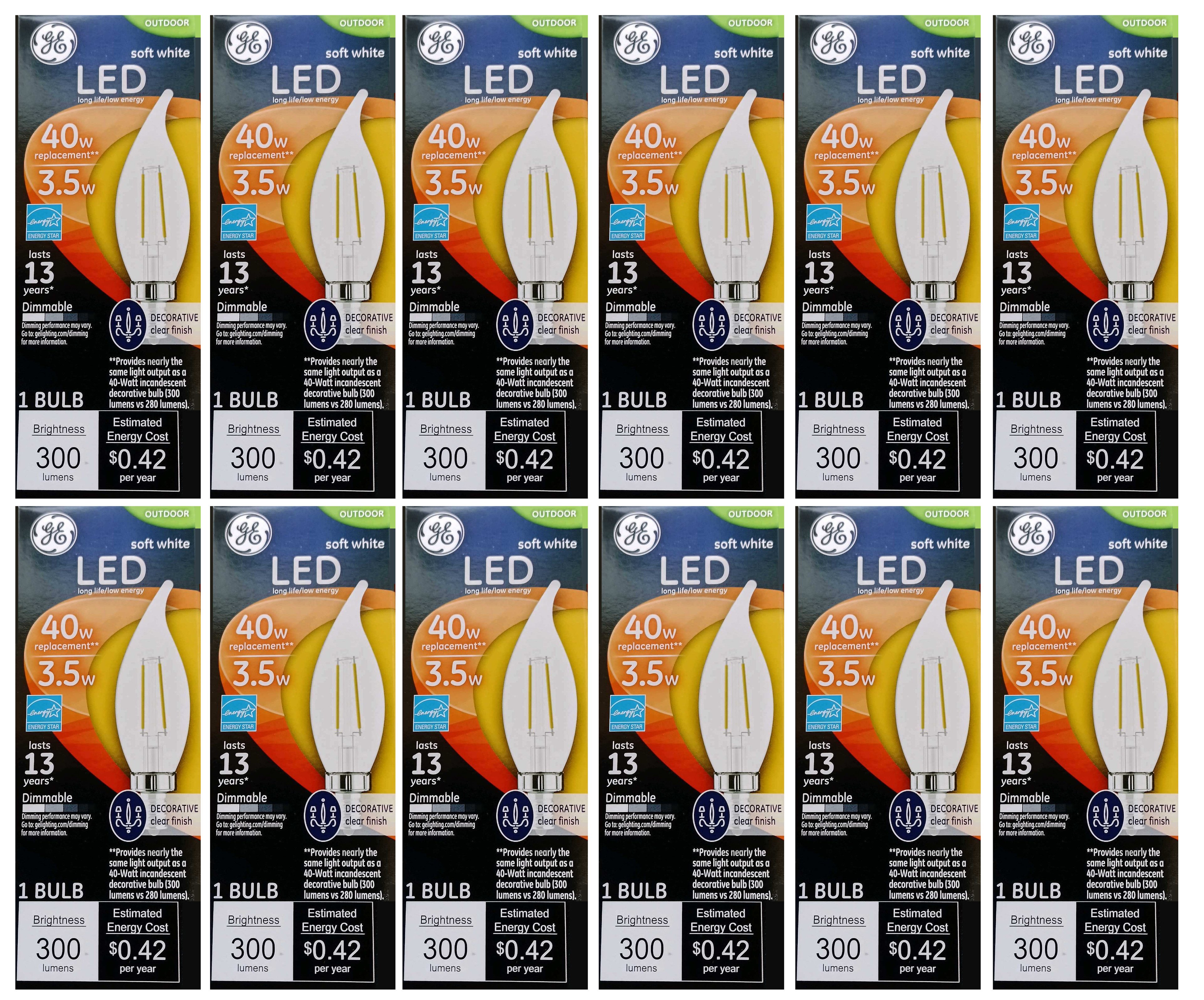 (case of 12 bulbs) GE 33600 Outdoor LED Decorative Light Bulb, 3.5 Watt (40 Watt Equivalent) Soft White, Candelabra Base, Dimmable, Clear, Bent Tip Indoor Outdoor 300 lumen chandelier bulb