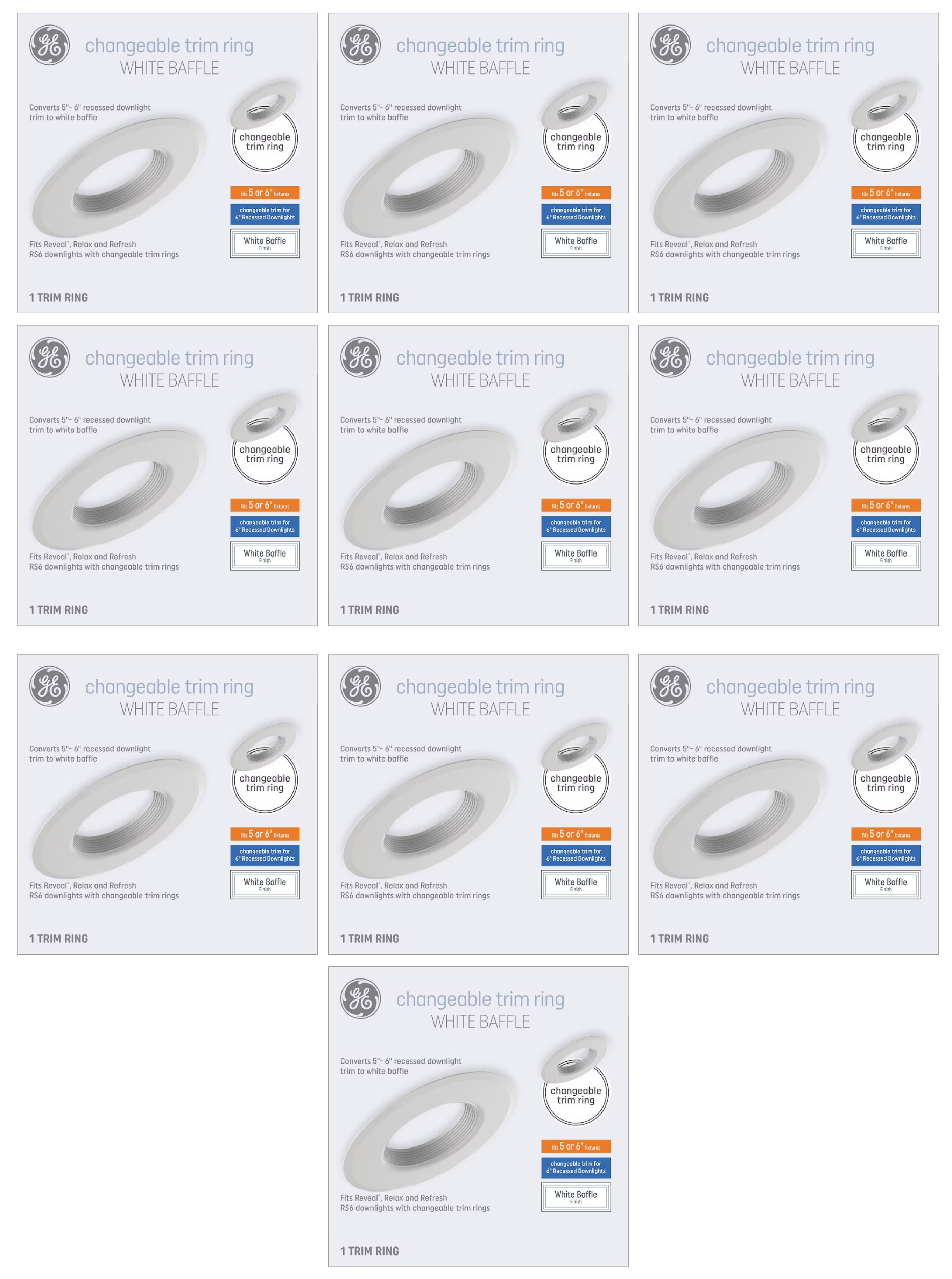 (10 trim rings) GE Lighting 47834 changeable Trim ring Baffle, RS6 (6 inch diameter) metal trim ring, fits 5 or 6 inch fixtures, converts 5 or 6 inch recessed downlight trim to white baffle