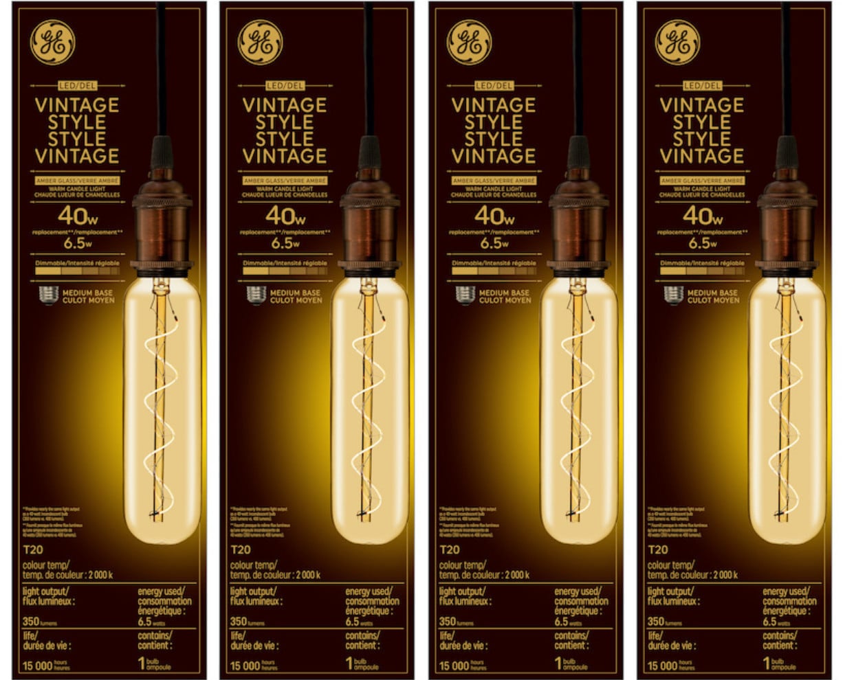 (case of 4) GE Large Vintage Style LED T20, 6.5 watt, 350 lumen, Amber Glass, 2000K Warm CandleLight, Spiral Filament, dimmable 40W Replacement LED T20 Tubular Light Bulb