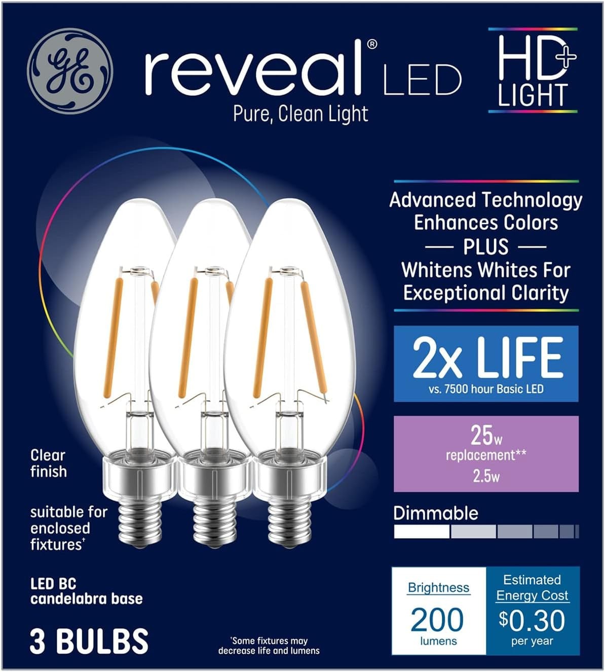 (3 bulbs) GE 42465 Reveal LED 25-Watt equivalent LED Chandelier Bulb, 200 lumens, 2.5 watts, candelabra base, blunt tip, Color-Enhancing Dimmable Candle Light Bulb 