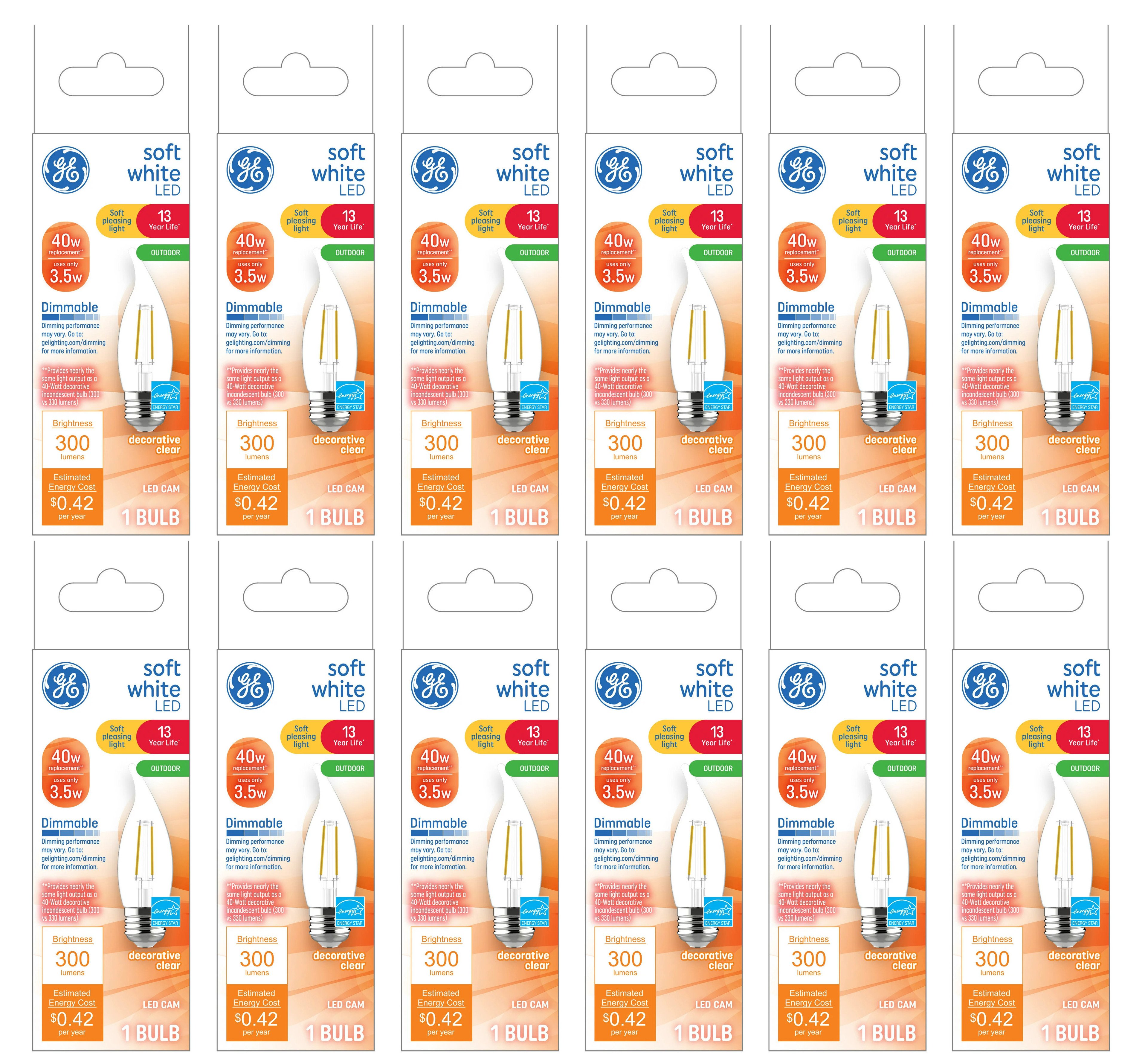 (case of 12 bulbs) GE 32162 Soft White LED Outdoor Decorative Light Bulb, 3.5 watt, 300 lumens,  medium base, bent tip, clear LED chandelier indoor/outdoor light bulb