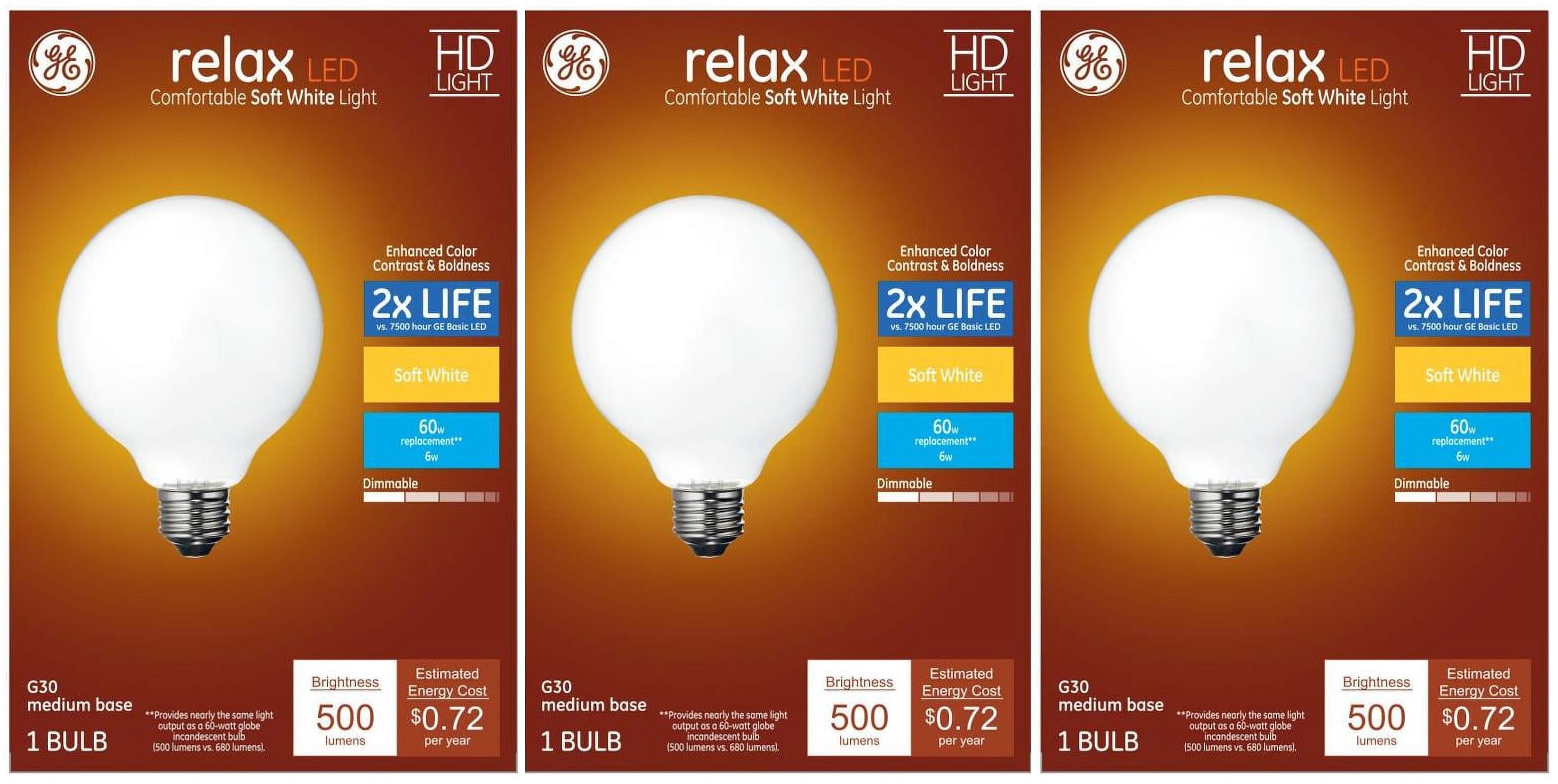 (case of 3 bulbs) GE 41835 Relax LED G30 Vanity Globe, frosted, Soft White 2700K, 6 watt, 500 lumen, Dimmable Decorative Globe Light Bulb, 60 watt replacement