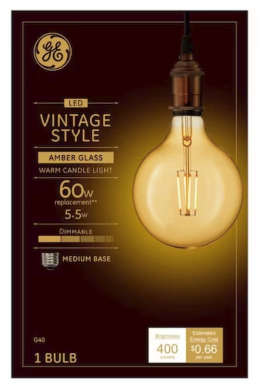 GE Lighting Large Vintage LED G40 Warm Candlelight, Amber Glass, 60 watt equivalent using only 5.5 watts, Dimmable, Medium Base, Vintage Style LED Light Bulb