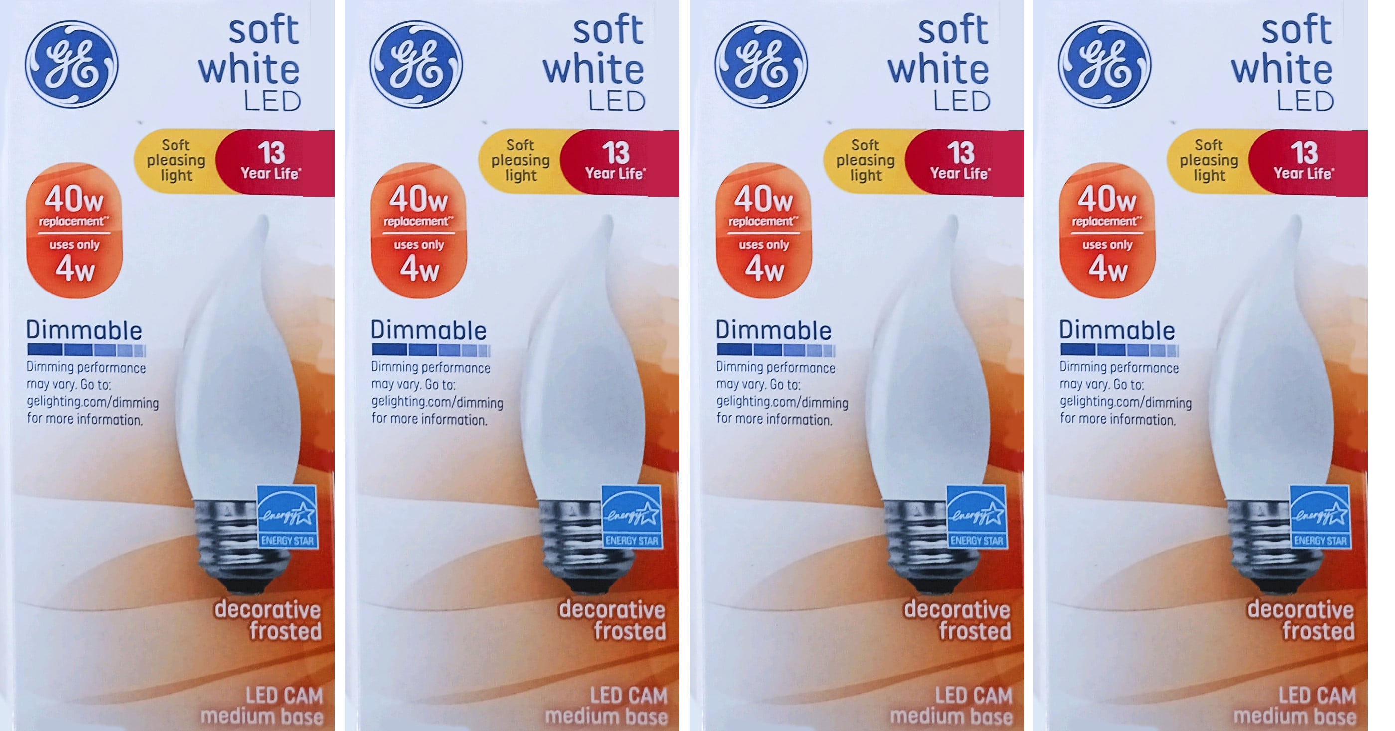 (4 bulbs) GE Lighting soft white LED Chandelier Bulb, 4 watt, 300 lumens, Frosted, Dimmable Bent-Tip Decorative LED CAM Light Bulb