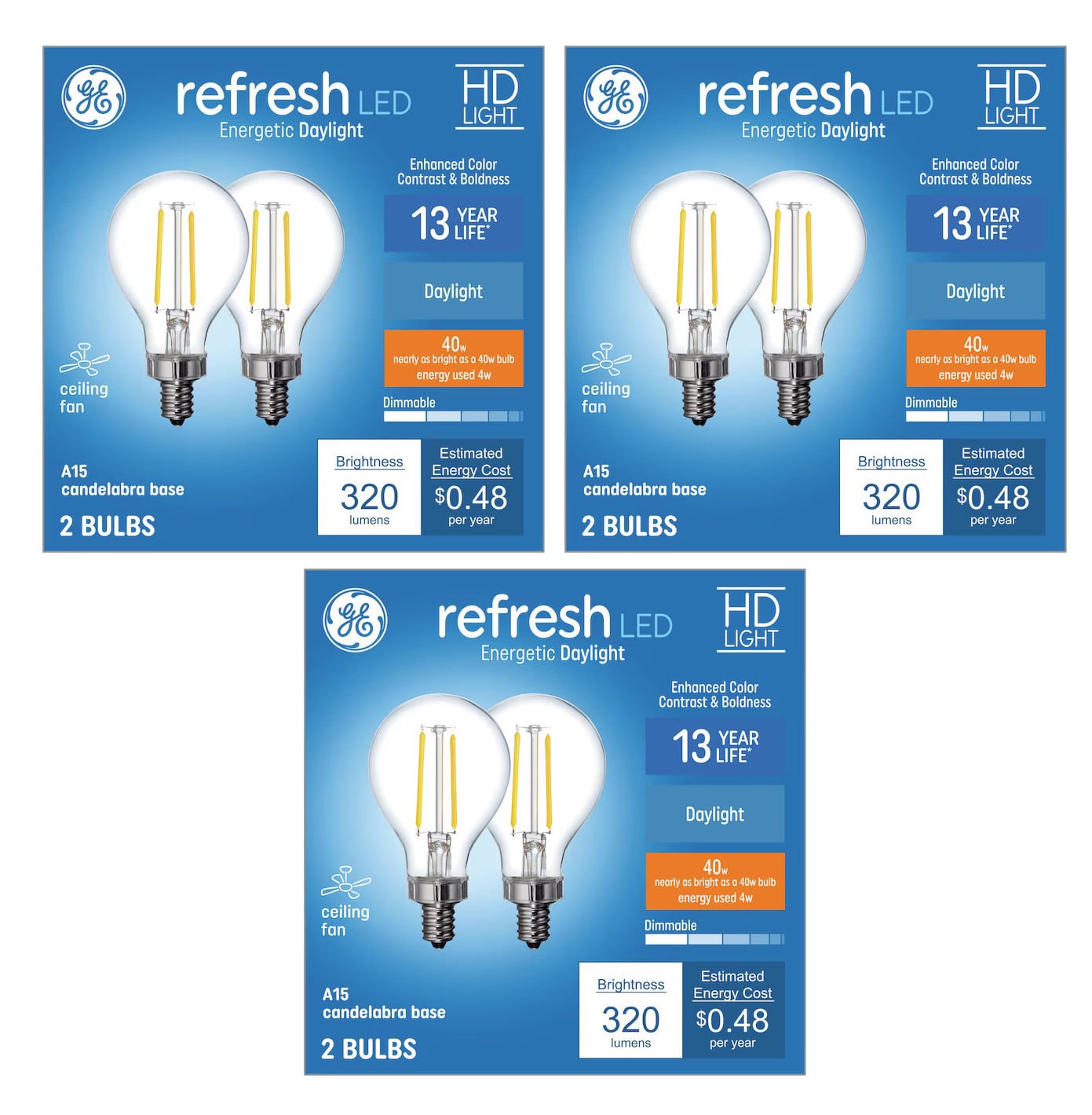(6 bulbs) GE refresh LED A15 Ceiling Fan Light Bulb, Candelabra base, 40 watt equivalent using only 4 watts, 320 lumens, HD Light for exceptional contrast and boldess, 5000K Cool White Light Bulb