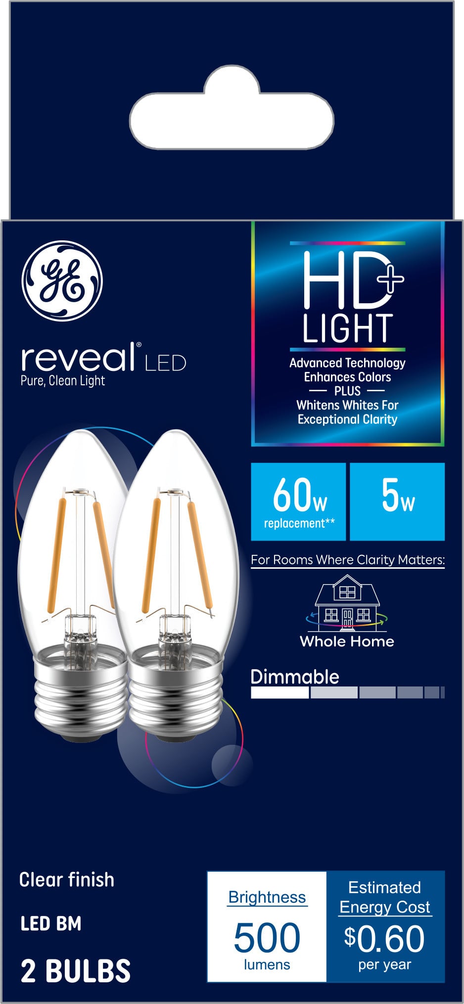 (2 bulbs) GE Reveal LED Decorative Light Bulb, 60 Watt equivalent, 500 lumen, 5 watt, reveal HD ligh, most beautiful, dimmable, medium base LED chandelier Light Bulb