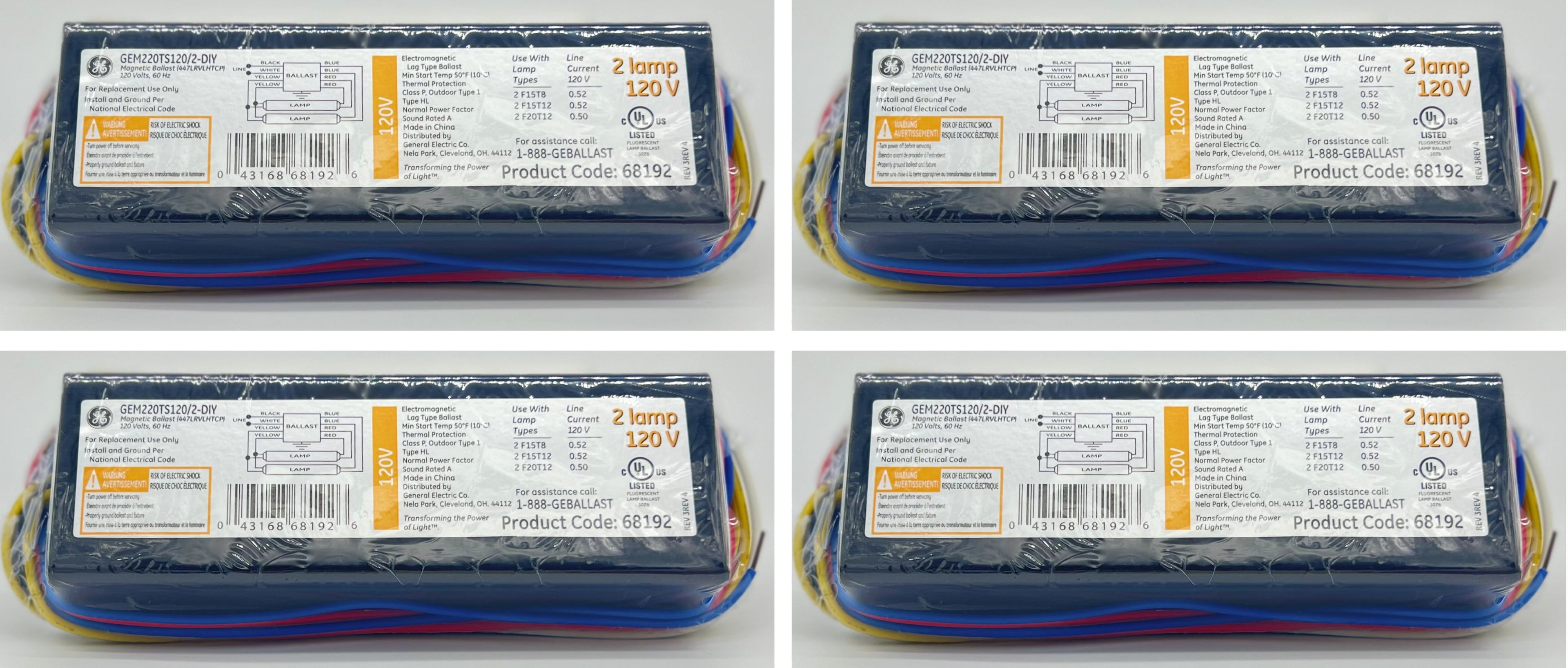 (case of 4) GE Lighting 68192 Magnetic Ballast, GEM220TS120/2-DIY, 2 lamp 120V ballast, 60 Hz, use with 20/15/15 watt lamps 