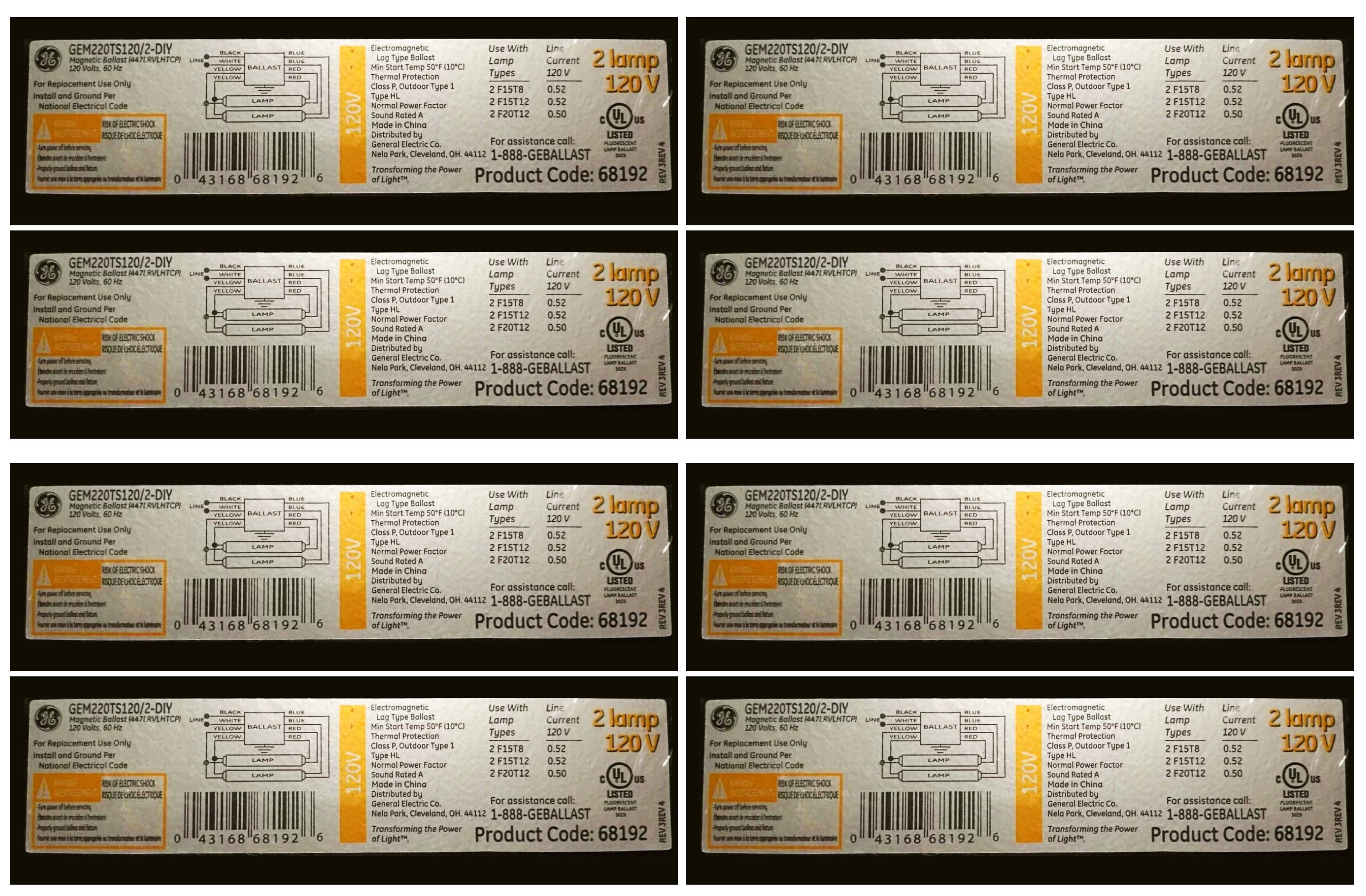 (case of 8) GE 68192 Magnetic Ballast, GEM220TS120/2-DIY, 2 lamp 120V ballast, 60 Hz, use with 20/15/15 watt lamps 