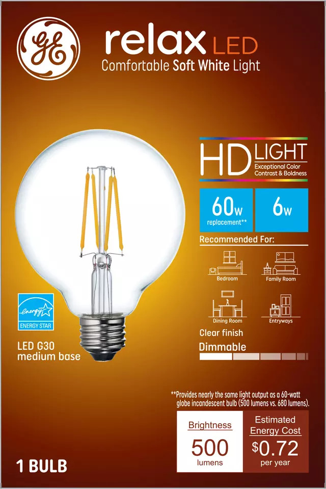 GE relax HD LED G30 Globe, Soft White, 6 watt, 500 lumens, medium base, dimmable Decorative Clear LED Light Bulb (1 Pack)
