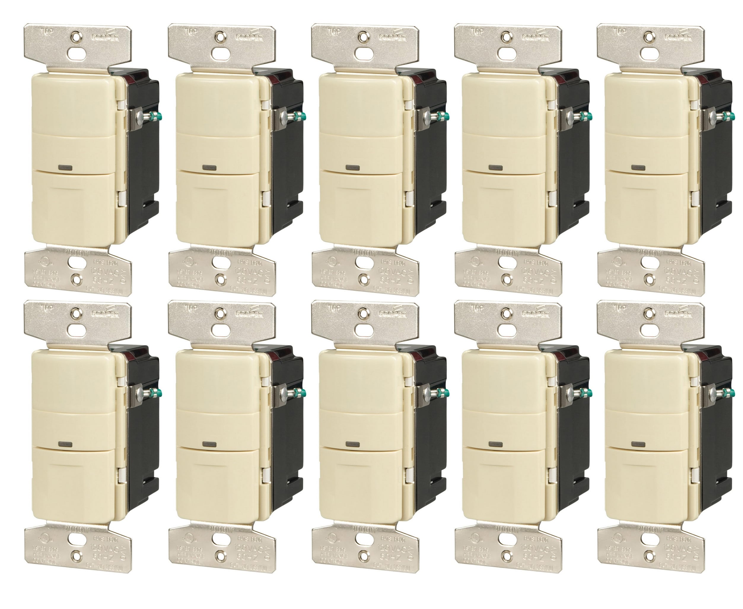(case of 10) Eaton Wiring 600W Vacancy Sensor Switch, 450 sq ft. Range, uses Passive Infrared, Almond