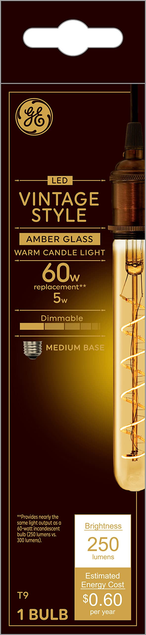 GE Lighting Vintage Style LED Tube Light Bulb, 5 Watts (60 Watt Equivalent) Warm Candle Light, Amber Glass, Medium Base, Dimmable, spiral filament (1 Pack)